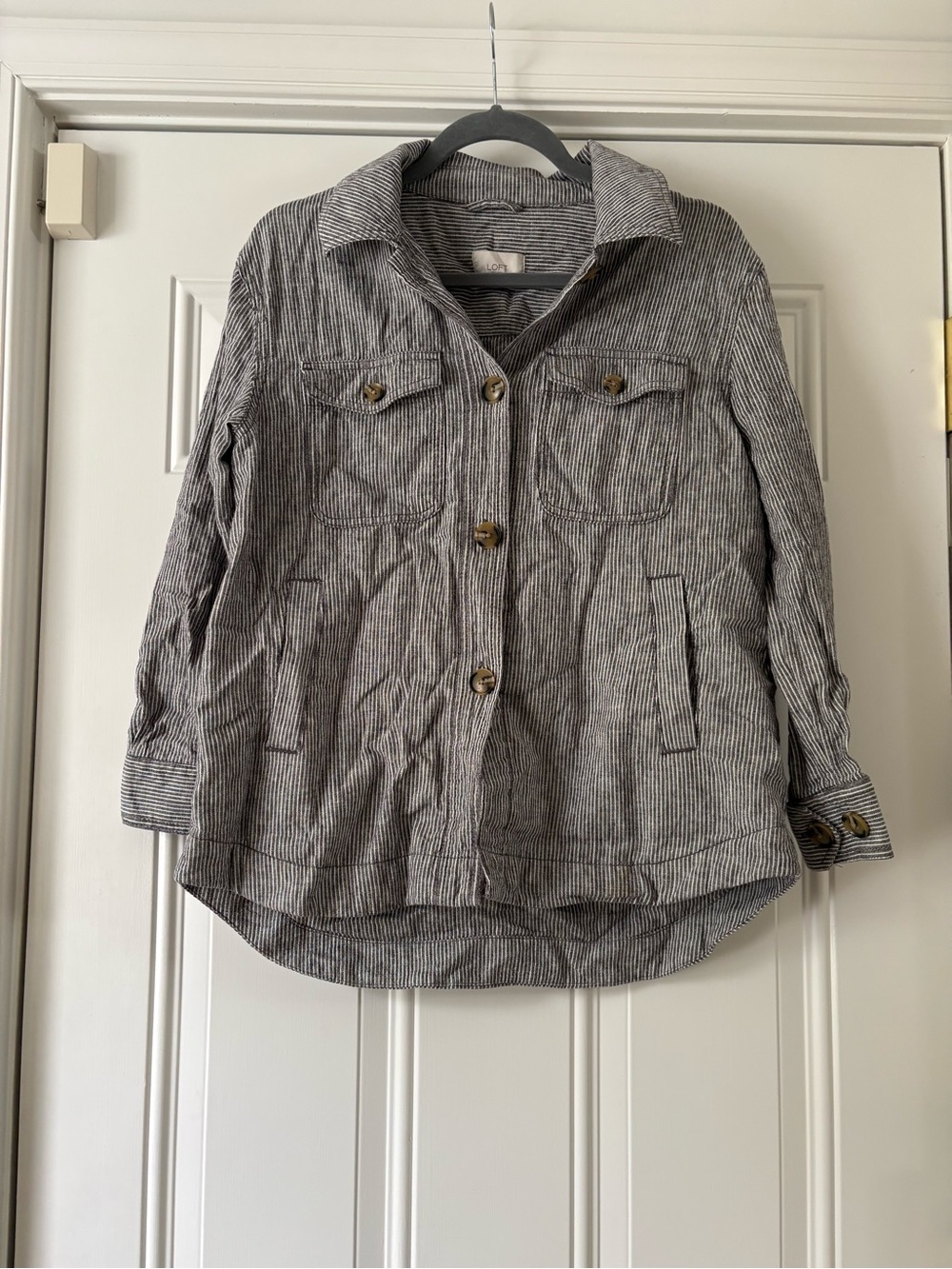 LOFT Striped Button-Front - Gray/White stripes. Linen & cotton blend
